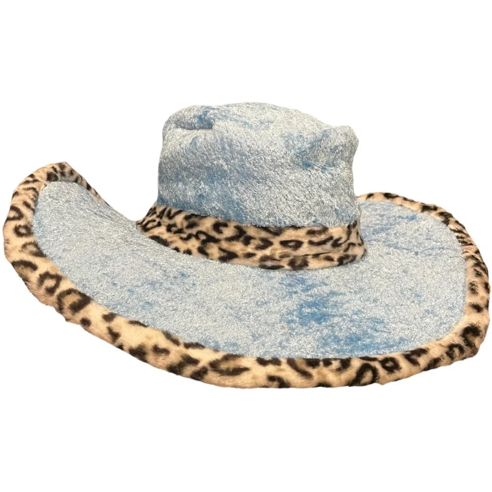 Halloween Costume Pimp Daddy Hat Velvet Faux Leopard Fur Wide Brim Baby Blue New